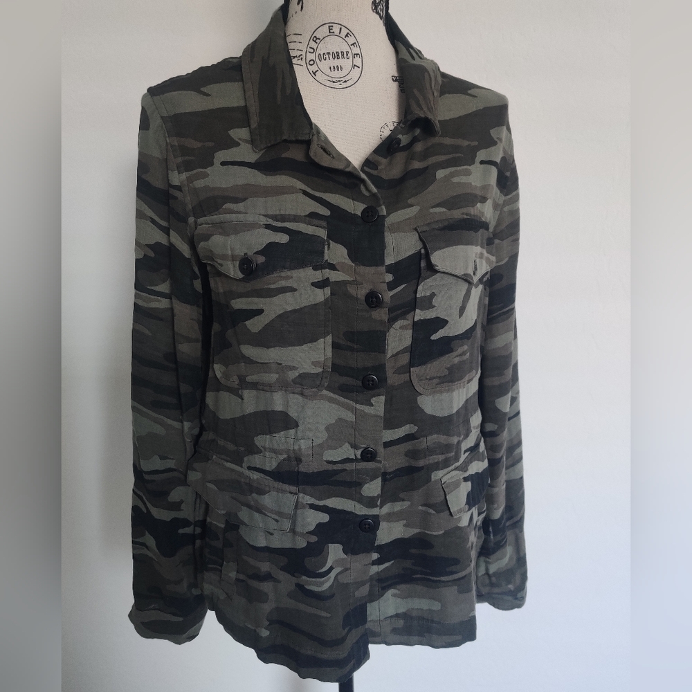 Sanctuary Green Army Military Cotton Camo Camouflage Button Up Blouse_Small